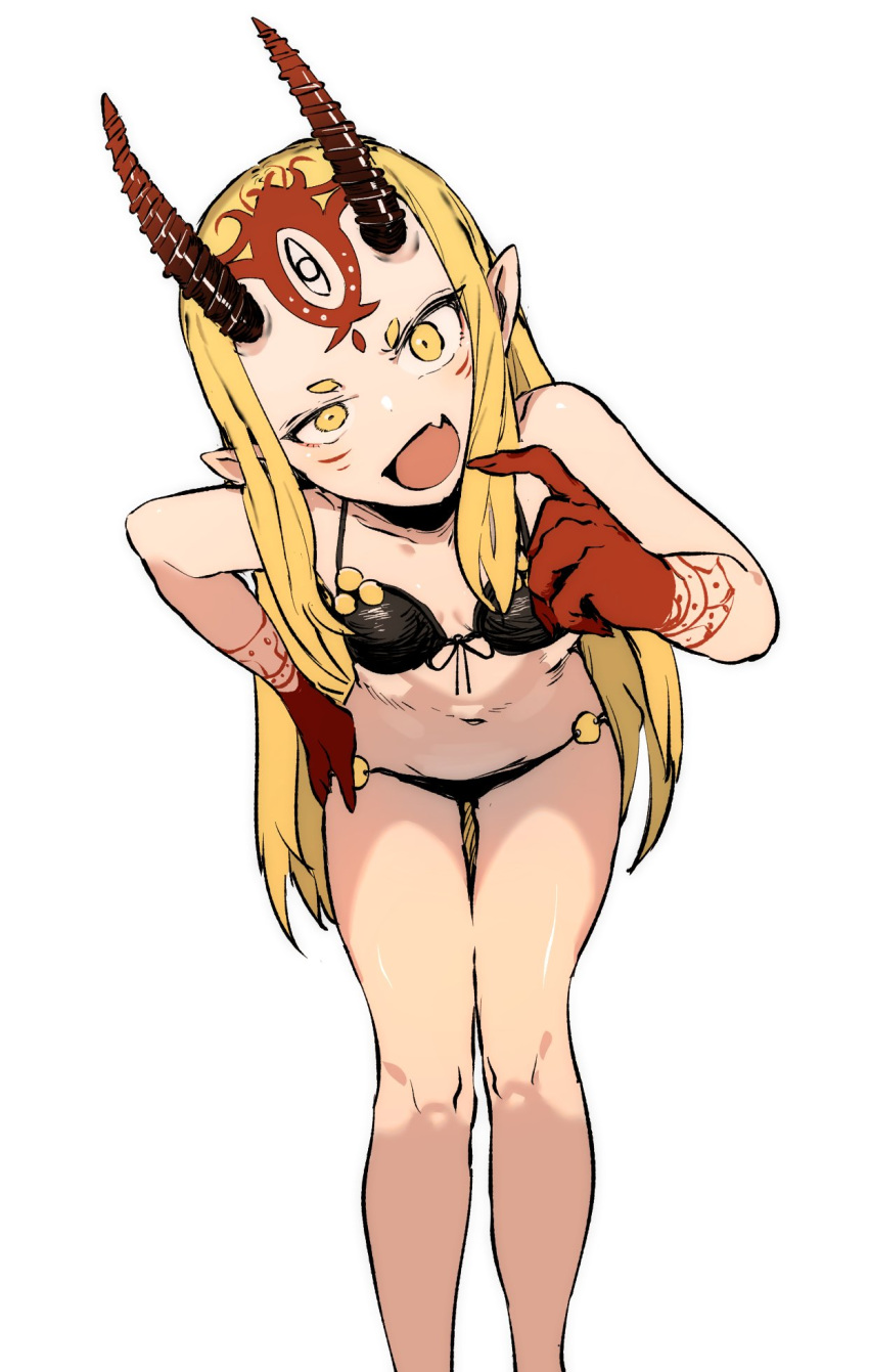 1girl bent_over bikini black_bikini blonde_hair breasts ddari facial_mark fang fate/grand_order fate_(series) feet_out_of_frame fingernails forehead_mark head_tilt highres horns ibaraki_douji_(fate) ibaraki_douji_(swimsuit_lancer)_(fate) long_hair looking_at_viewer navel oni oni_horns open_mouth pointy_ears sharp_fingernails short_eyebrows simple_background skin_fang small_breasts smile solo swimsuit tattoo thigh_gap white_background yellow_eyes