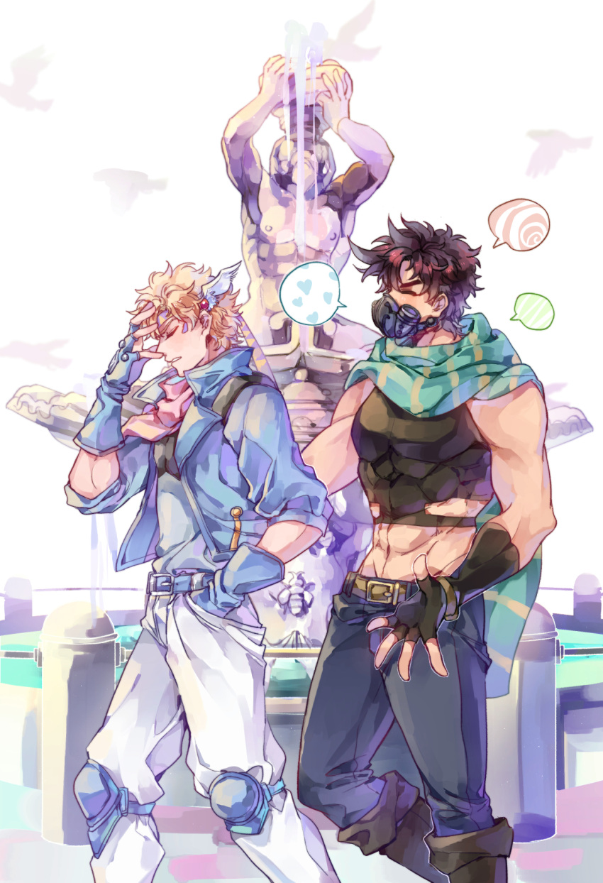 2boys battle_tendency blonde_hair blue_jacket boots brown_hair caesar_anthonio_zeppeli crop_top denim facepalm facial_mark fingerless_gloves fountain gloves highres jacket jeans jojo_no_kimyou_na_bouken joseph_joestar joseph_joestar_(young) knee_pads male_focus mask midriff multiple_boys pants pink_scarf scarf sky_kiki striped striped_scarf wing_hair_ornament