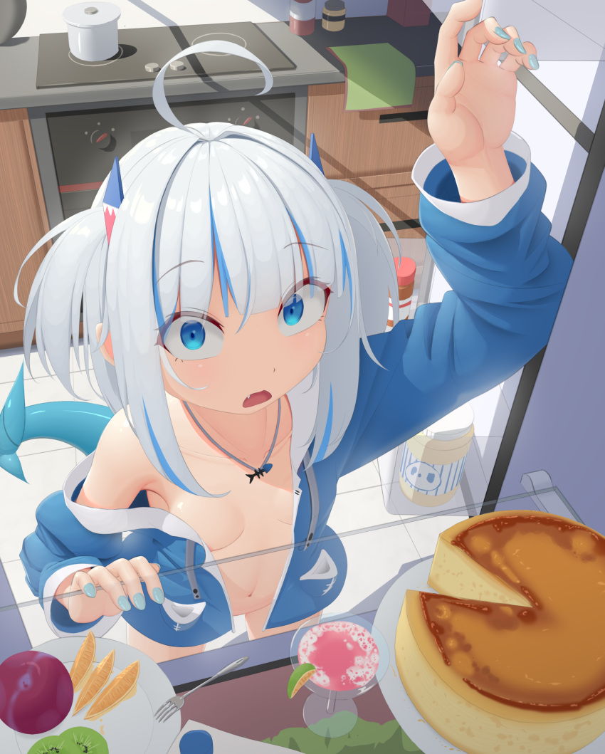 1girl absurdres ahoge aqua_nails blue_eyes blue_hair bottomless breasts convenient_censoring drawstring eyebrows_visible_through_hair fang fish_tail food food_request fork gawr_gura hair_ornament highres hololive hololive_english hood hood_down kitchen multicolored_hair nail_polish open_mouth pot refrigerator refrigerator_interior shark_hair_ornament shark_tail silver_hair small_breasts standing stomach stove streaked_hair tail tenroy tile_floor tiles tongue virtual_youtuber