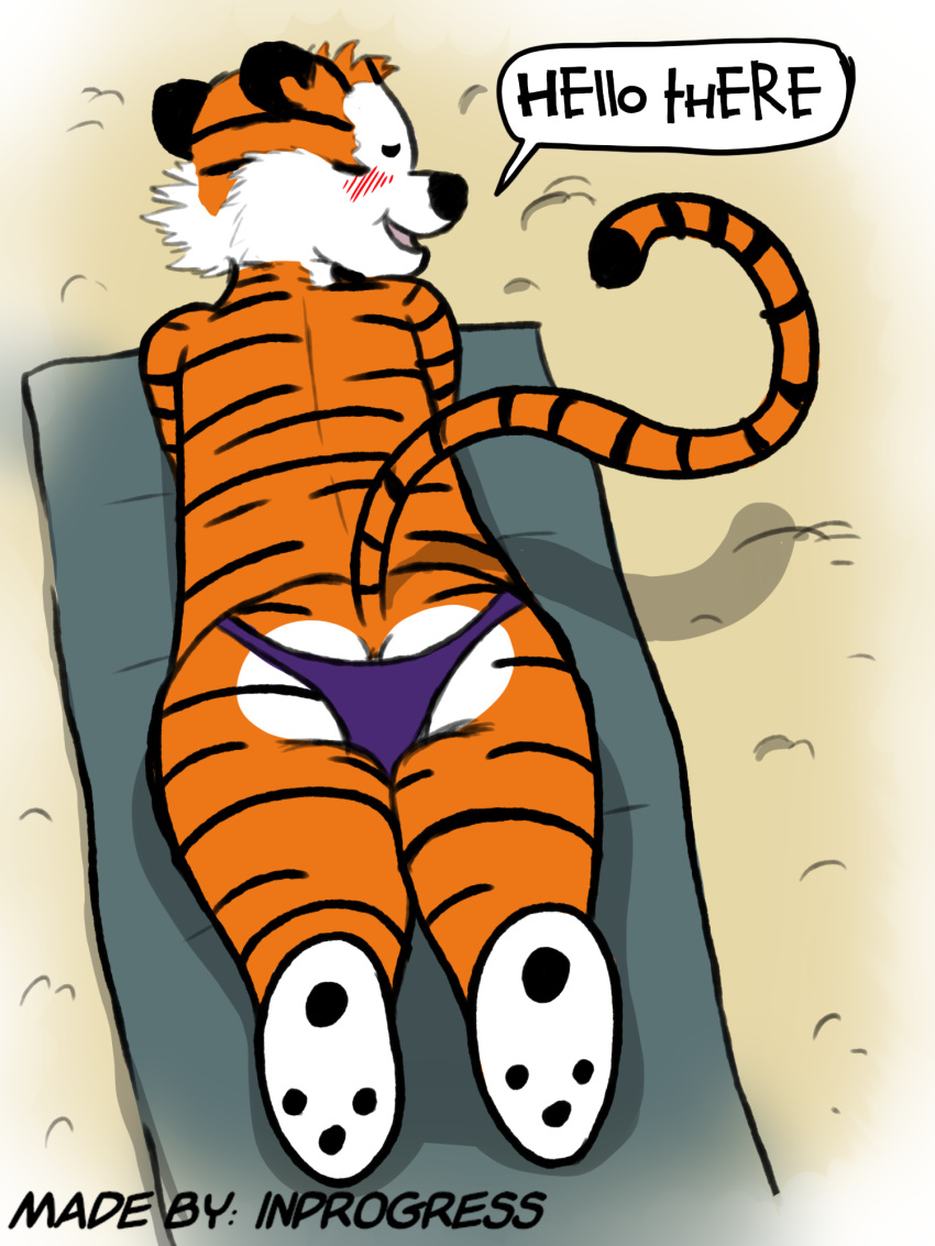 anthro beach blush butt calvin_and_hobbes clothing english_text felid hi_res hobbes inprogress male mammal outside pantherine rear_view seaside solo text thong tiger underwear