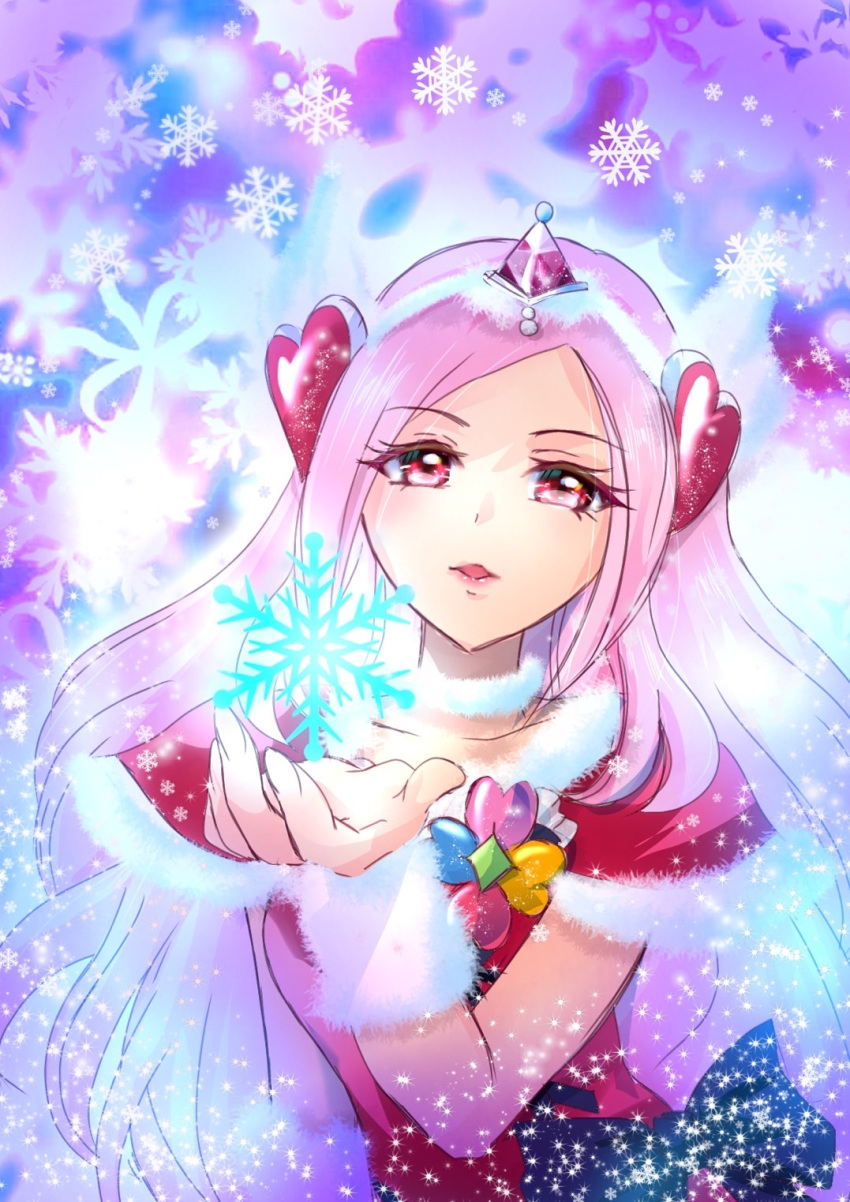1girl bangs black_bow bow capelet collarbone cure_passion eyelashes fresh_precure! fur-trimmed_capelet fur_trim hair_ornament hairband heart heart_hair_ornament highres long_hair looking_at_viewer open_mouth parted_bangs pink_hair precure red_capelet red_eyes red_shirt shirt snowflakes solo very_long_hair white_hairband