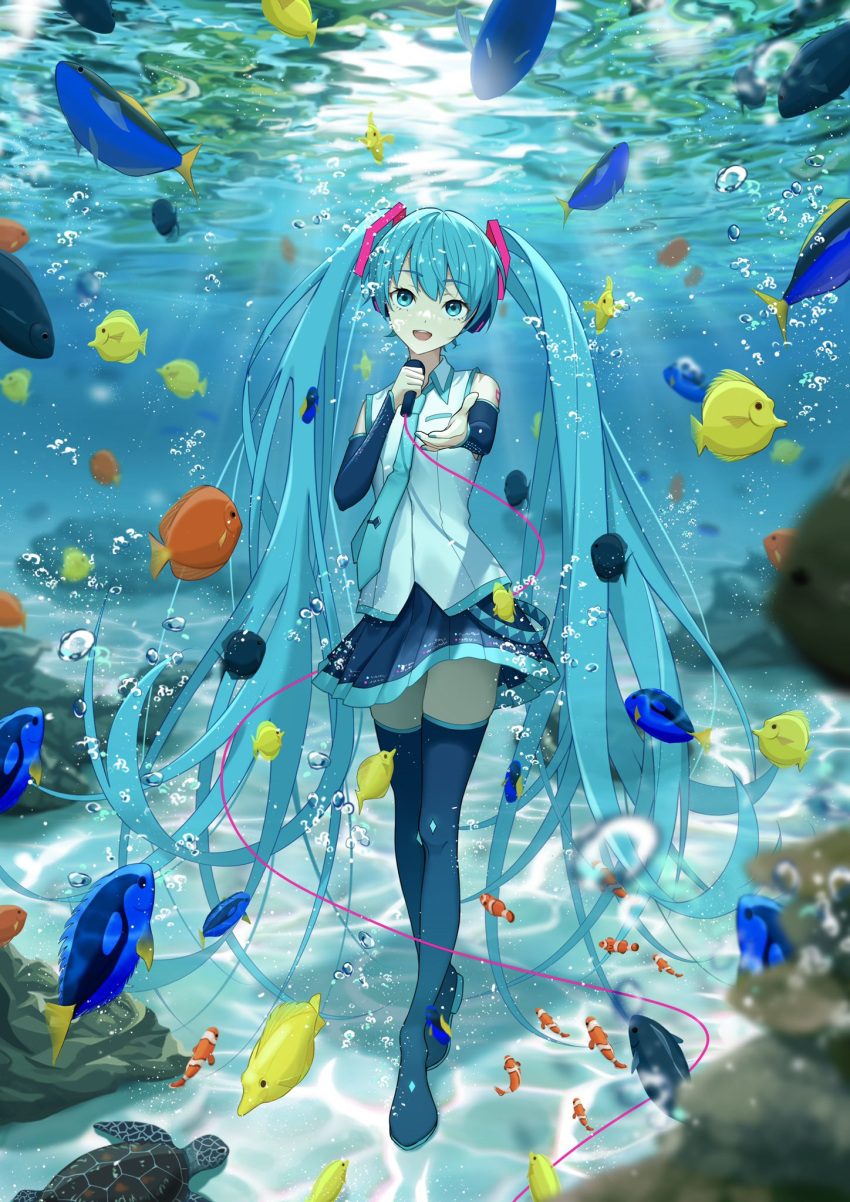 1girl :d aqua_eyes aqua_hair aqua_nails aqua_necktie bare_shoulders black_legwear black_skirt black_sleeves blurry blurry_background bubble caustics clownfish commentary detached_sleeves discover5 fish foreshortening full_body hair_ornament hatsune_miku hatsune_miku_(vocaloid4) headphones highres holding holding_microphone long_hair looking_at_viewer microphone microphone_cord miniskirt nail_polish necktie outstretched_arm pleated_skirt reaching_out regal_blue_tang shirt shoulder_tattoo skirt sleeveless sleeveless_shirt smile solo standing tattoo thighhighs tropical_fish turtle twintails underwater v4x very_long_hair vocaloid white_shirt yellow_tang zettai_ryouiki