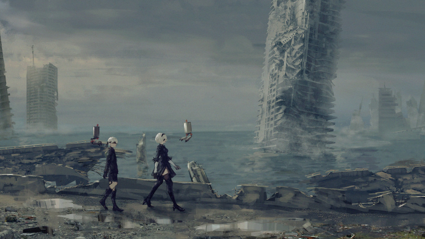 1boy 1girl absurdres black_dress black_footwear black_gloves black_hairband black_jacket black_legwear black_shorts blindfold boots building cloud cloudy_sky commentary_request dress drone from_side full_body gloves hairband highres jacket knee_boots long_sleeves nier_(series) nier_automata ocean outdoors puddle rubble ruins scenery short_dress short_hair shorts sky thigh_boots thighhighs walking white_hair yorha_no._2_type_b yorha_no._9_type_s yuu_akine