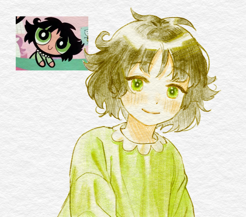 1girl bangs black_hair blush buttercup_(ppg) buttercup_redraw_challenge derivative_work eyebrows_visible_through_hair green_eyes green_pajamas highres looking_at_viewer messy_hair powerpuff_girls reference_inset sanchae screencap_redraw simple_background smile solo traditional_media upper_body white_background