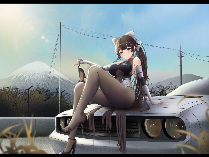 1girl absurdres azur_lane bare_shoulders black_footwear bodystocking bow breasts brown_hair car cleavage_cutout clothing_cutout elbow_gloves extra_ears feet fingerless_gloves full_body gloves ground_vehicle hair_flaps high_heels highres holding holding_shoes kcar66t large_breasts leotard long_hair looking_at_viewer motor_vehicle multicolored_leotard official_alternate_costume outdoors race_queen shoes sitting_on_hair solo takao_(azur_lane) takao_(full_throttle_charmer)_(azur_lane) two-tone_leotard unitard very_long_hair white_bow white_gloves yellow_eyes