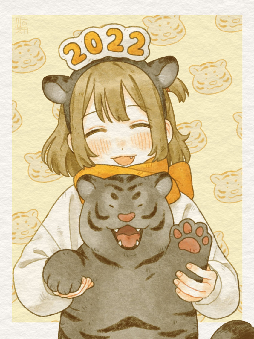 2022 bangs blush brown_hair chinese_zodiac closed_eyes cub fang grey_shirt highres long_sleeves medium_hair open_mouth orange_scarf original sanchae scarf shirt tiger upper_body year_of_the_tiger