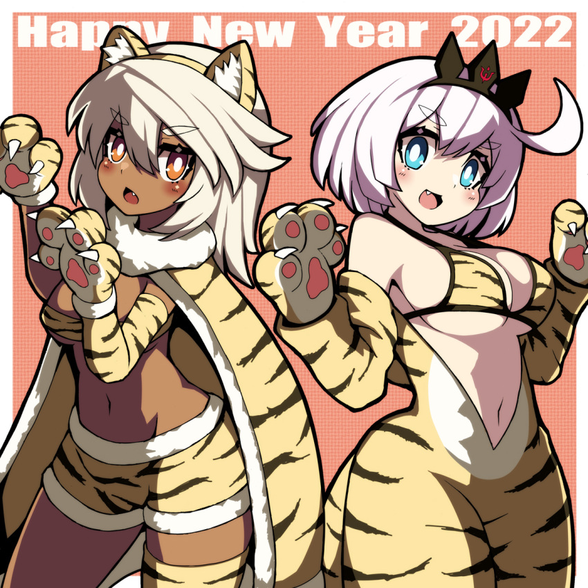 2022 2girls animal_costume animal_print bangs bikini blush breasts bright_pupils cape dark-skinned_female dark_skin elphelt_valentine eyebrows_visible_through_hair fang fur_trim guilty_gear happy_new_year highres large_breasts looking_at_viewer medium_breasts multiple_girls navel new_year open_mouth print_bikini print_cape print_shorts ramlethal_valentine short_hair shorts smile swimsuit tiger_costume tiger_print yomura_(yohann48)