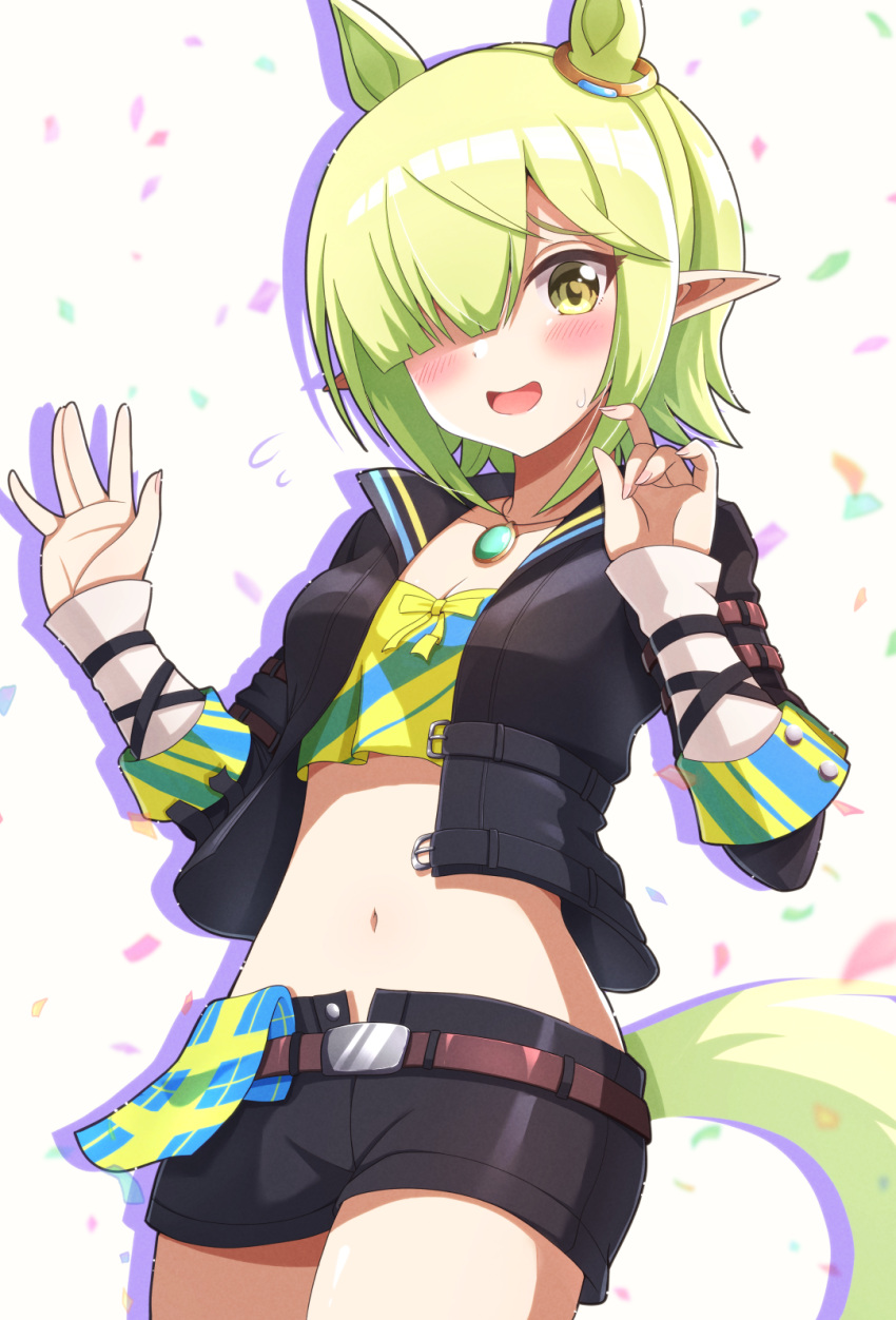 1girl :d animal_ears aoi_(princess_connect!) bangs belt black_jacket black_shorts blue_shirt blunt_bangs blush breasts brown_belt cleavage collarbone colored_shadow commentary_request company_connection cosplay cowboy_shot crop_top cygames drop_shadow ear_ornament eyebrows_visible_through_hair flying_sweatdrops green_hair hair_over_one_eye hands_up highres horse_ears horse_girl horse_tail jacket jewelry kemonomimi_mode long_sleeves looking_at_viewer midriff navel necklace open_clothes open_jacket open_mouth partial_commentary pointy_ears princess_connect! revision seiji_(artman) shadow shirt short_hair short_shorts shorts sidelocks simple_background small_breasts smile solo sweat tail two-tone_shirt umamusume vodka_(umamusume) vodka_(umamusume)_(cosplay) white_background yellow_eyes yellow_shirt