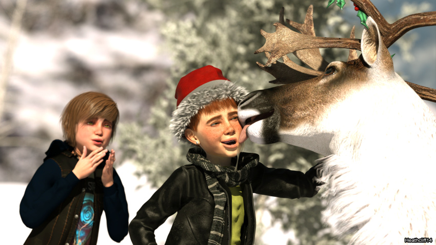 ) 3d_(artwork) antlers backpack blue_stahli braces capreoline cervid child choker collar digital_media_(artwork) feral gasping group group_sex heathcliff14 heathcliff_(heathcliff14) hi_res horn human jewelry kissing laugh licking male male/male mammal mistletoe necklace open_mouth petting plant reindeer scarf seph_(dadiwritegayporn) sex snow threesome tongue tongue_out young