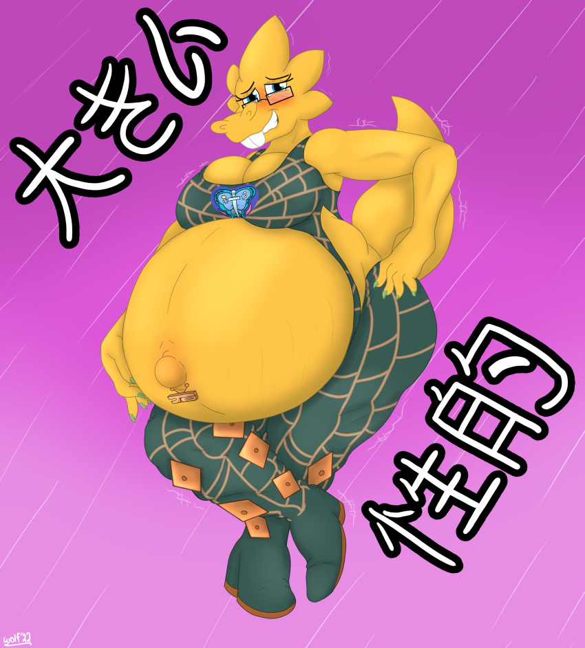 absurd_res alphys anthro belly big_belly big_breasts blue_eyes blush bottomwear breasts buckteeth cleavage clothed clothing colored_nails cosplay english_text eyewear female front_view glasses green_nails grin hand_on_hip hi_res hyper hyper_pregnancy japanese_text jojo's_bizarre_adventure jolyne_cujoh lizard looking_at_viewer midriff nails navel navel_piercing nervous non-mammal_breasts outie_navel piercing pregnant reptile scales scalie shaking signature simple_background smile solo standing teeth text thick_tail thick_thighs topwear undertale_(series) undyingwolf wide_hips yellow_body yellow_scales