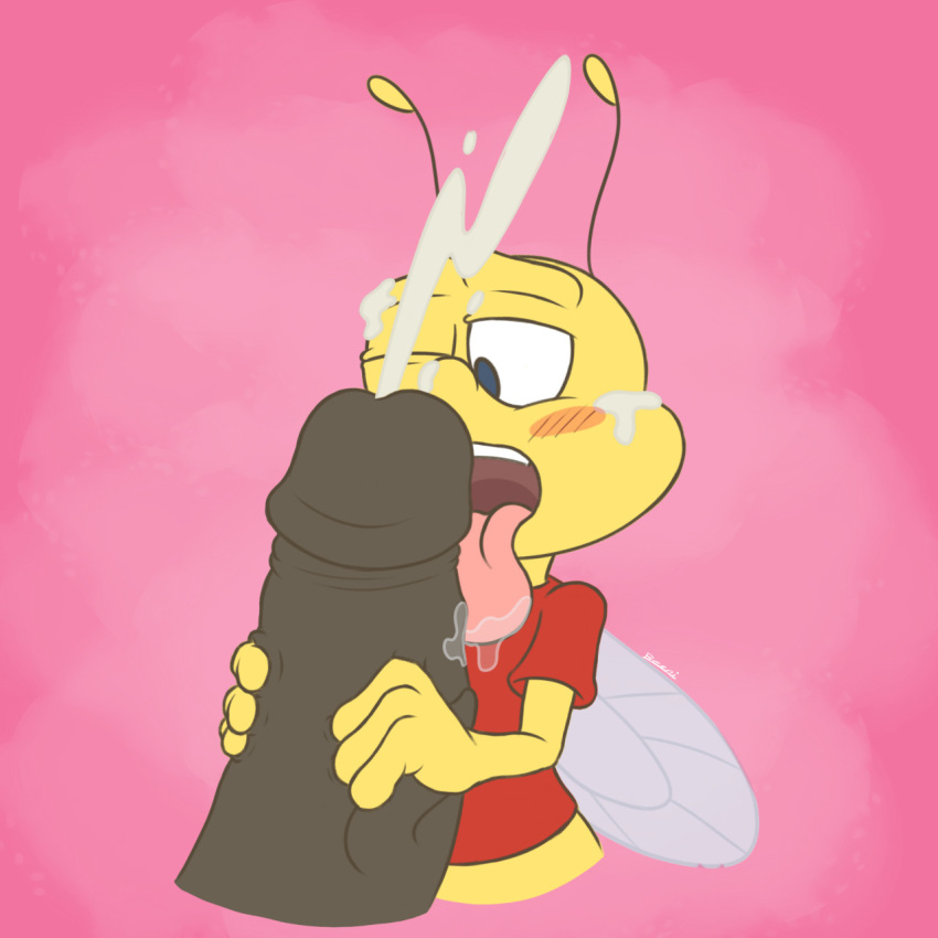 animal_humanoid antennae_(anatomy) anthro arthropod arthropod_humanoid bee bee_humanoid beeni blush bodily_fluids bottomless buzz_the_bee cheerios clothed clothing cum cum_on_face digital_drawing_(artwork) digital_media_(artwork) disembodied_penis duo ejaculation erection fellatio general_mills genital_fluids genitals handjob hi_res honey_bee honey_nut_cheerios humanoid humanoid_genitalia humanoid_penis hymenopteran hymenopteran_humanoid insect insect_humanoid macro male male/male mascot micro micro_on_macro offscreen_character one_eye_closed open_mouth oral penile penis saliva saliva_on_penis saliva_on_tongue salivating sex simple_background size_difference solo_focus