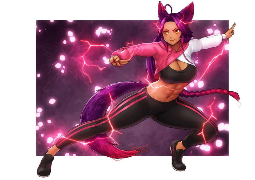 1girl abs ahoge animal_ears bindi black_pants black_sports_bra border borrowed_character braid braided_ponytail breasts brown_eyes cleavage cropped_hoodie drawstring edie_crop_hoodie erkaz full_body hood hoodie iori_(ryushiko) large_breasts lightning long_hair long_sleeves meme_attire midriff navel original pants pose purple_hair smile solo sports_bra tail very_long_hair white_border