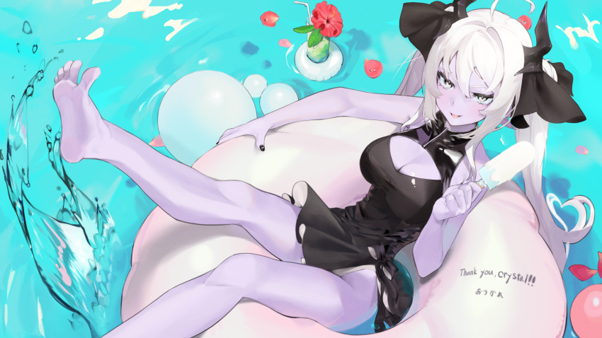1girl ahoge barefoot black_nails black_swimsuit breasts character_request cleavage cleavage_cutout clothing_cutout colored_skin commentary_request commission crystal_(vtuber) daiiichukiii drinking_straw english_text feet flower food glass hair_between_eyes hand_up highres holding holding_food horns indie_virtual_youtuber innertube leg_up legs long_hair looking_at_viewer lying medium_breasts nail_polish on_back petals popsicle purple_skin red_flower skeb_commission soles splashing swimsuit twintails very_long_hair virtual_youtuber water white_hair yellow_eyes