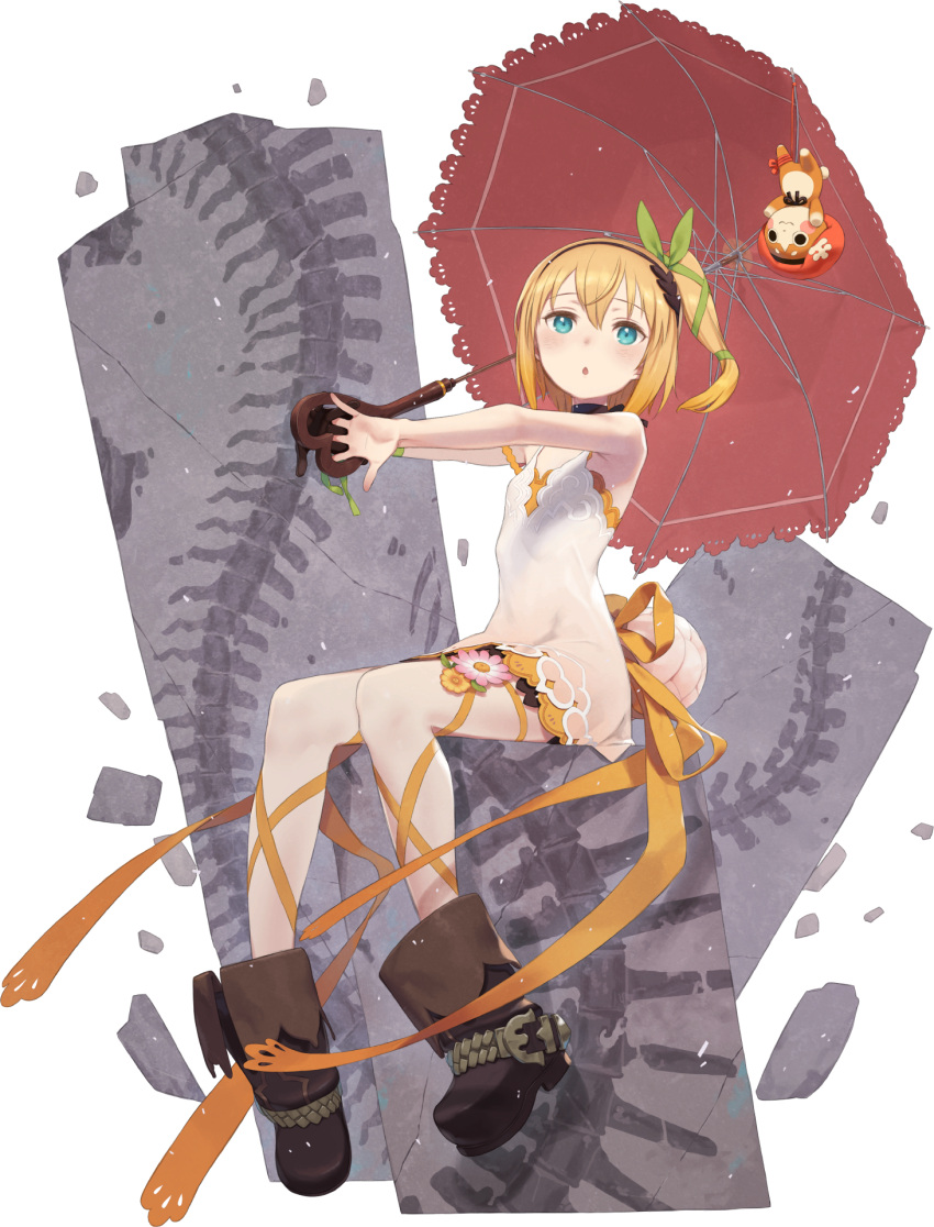 1girl :o alpha_transparency bare_shoulders black_choker black_ribbon blonde_hair blue_eyes blush boots brooch choker dress edna_(tales) flat_chest flower full_body gloves green_ribbon hair_ribbon hairband highres jewelry kuroboshi_kouhaku leg_ribbon normin_(tales) official_art parasol pink_umbrella ribbon ribbon_choker short_dress short_hair side_ponytail single_glove sitting sleeveless sleeveless_dress strap_slip tachi-e tales_of_(series) tales_of_asteria tales_of_zestiria transparent_background umbrella