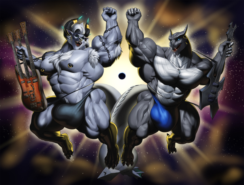 abs accessory aeon anthro band barazoku behemoth_(ff) biceps big_muscles blue_eyes bottomwear bulge claws clothing digital_media_(artwork) digitigrade divinity dragon duo final_fantasy flaccid flexing galaxy genitals giga grey_body grin guitar guitarist guzreuef happy hi_res huge_muscles hyper hyper_muscles interspecies kardukk kobold loincloth looking_at_another macro male male/male melee_weapon multicolored_body multiverse muscular muscular_anthro muscular_male music musical_instrument ortha paws pecs penis plucked_string_instrument pose reptile rock scalie shaded simple_background smile space spikes square_enix string_instrument teeth two_tone_body two_tone_tail underwear video_games weapon white_body