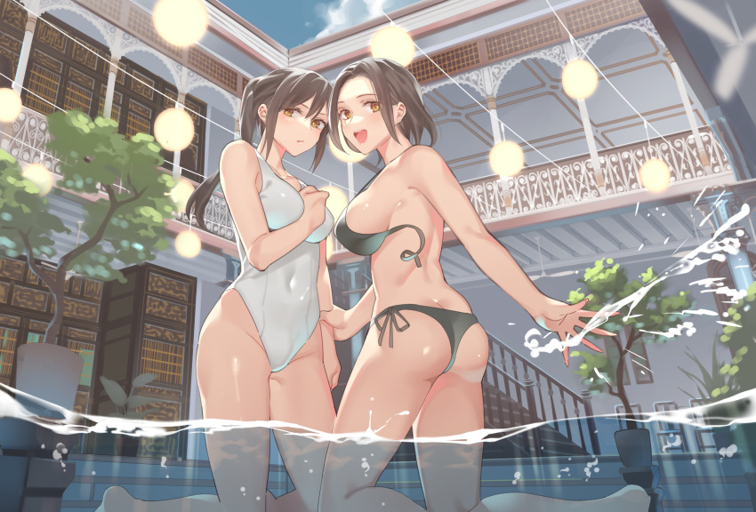 2girls :d ass bikini black_bikini breasts brown_hair closed_mouth cloud commentary_request competition_swimsuit covered_navel day from_side hair_between_eyes hand_on_another's_arm hand_on_own_chest hand_up highres kitazawa_(embers) kneeling looking_at_viewer looking_to_the_side medium_breasts multiple_girls one-piece_swimsuit open_mouth original ponytail short_hair side-tie_bikini smile splashing stairs swimsuit tree untied untied_bikini water white_swimsuit yellow_eyes