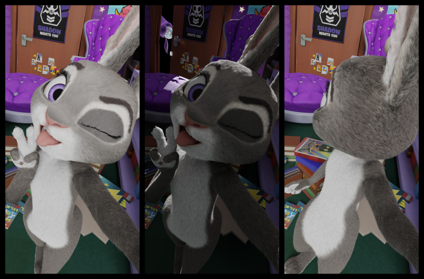 2021 3d_(artwork) 4k 9:16 absurd_res anthro buckteeth comic digital_media_(artwork) disney dutch_angle ears_up eyelashes female fever-dreamer flat_chested fur furniture gesture grey_body grey_fur hi_res inside judy_hopps lagomorph lah leporid looking_at_viewer mammal multicolored_body multicolored_ears multicolored_fur nude one_eye_closed open_mouth open_smile purple_eyes rabbit sega smile solo sonic_the_hedgehog_(series) sonic_unleashed teeth tongue tongue_out two_tone_body two_tone_fur v_sign white_body white_fur wink winking_at_viewer zootopia