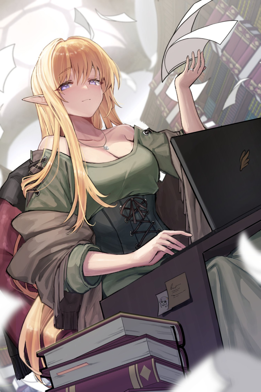 1girl bare_shoulders blonde_hair book book_stack bookshelf breasts computer dress elf eyebrows_visible_through_hair hair_between_eyes highres jewelry laptop long_hair looking_at_viewer medium_breasts mendou_kusai necklace original paper pointy_ears sitting solo