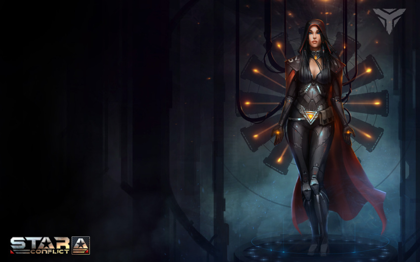 1girl black_bodysuit black_footwear blue_eyes bodysuit breasts cable cleavage cloak cyborg full_body glowing highres hood indoors logo looking_at_viewer mechanical_hair medium_breasts pink_lips realistic red_cloak science_fiction solo standing star_conflict