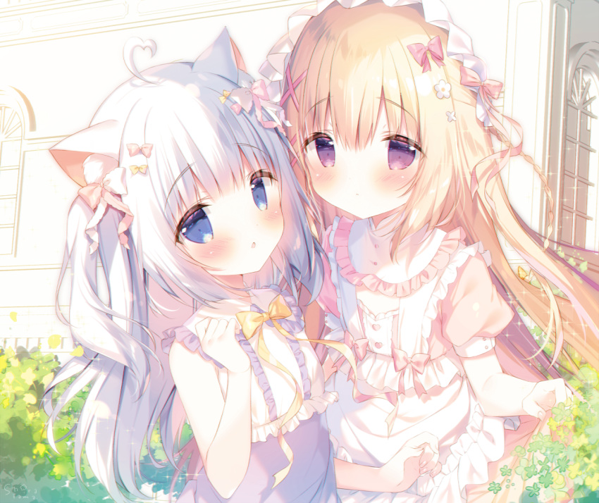 2girls ahoge animal_ear_fluff animal_ears apron bangs bare_arms bare_shoulders blonde_hair blue_eyes blush bow braid cat_ears closed_mouth collared_dress commentary dress eyebrows_visible_through_hair frilled_apron frilled_shirt_collar frills hair_between_eyes hair_ornament hairclip hand_up heart_ahoge looking_at_viewer multiple_girls original parted_lips pink_dress puffy_short_sleeves puffy_sleeves purple_dress purple_eyes shiratama_(shiratamaco) short_sleeves sleeveless sleeveless_dress symbol-only_commentary waist_apron white_apron white_hair x_hair_ornament yellow_bow