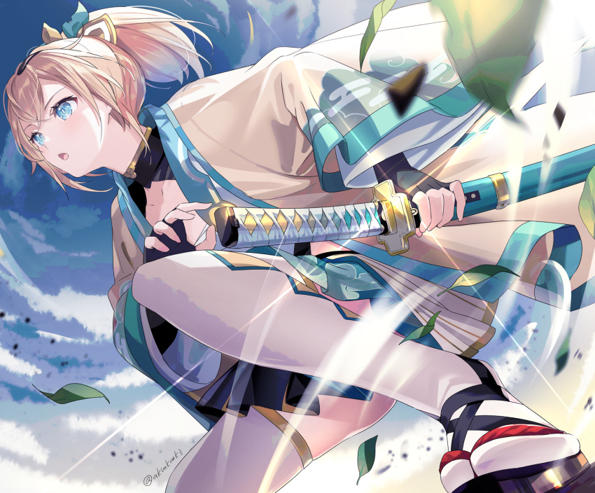 1girl akamoku bangs banned_artist black_gloves blonde_hair blue_eyes cloud cloudy_sky commentary_request day fingerless_gloves from_below gloves hair_ribbon haori highres holding holding_sheath hololive japanese_clothes kazama_iroha long_sleeves looking_away pleated_skirt ponytail ready_to_draw ribbon sandals sheath sheathed short_hair skirt sky solo spread_legs sword tabi thighhighs virtual_youtuber weapon white_legwear