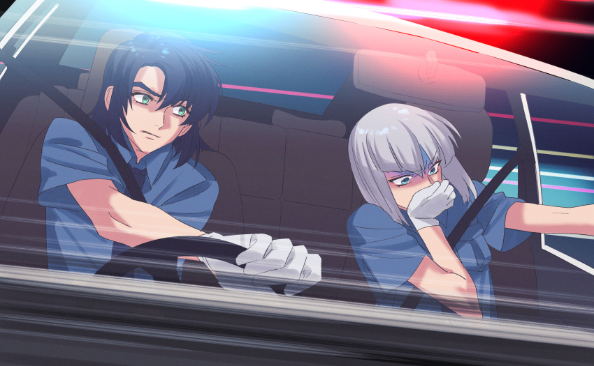 2boys alternate_costume athrun_zala bangs black_hair black_necktie blue_eyes blue_shirt collared_shirt driving eyebrows_visible_through_hair gloves green_eyes gundam gundam_seed highres male_focus medium_hair motion_blur multiple_boys necktie nito_minatsuki shiny shiny_hair shirt silver_hair white_gloves wing_collar yzak_joule