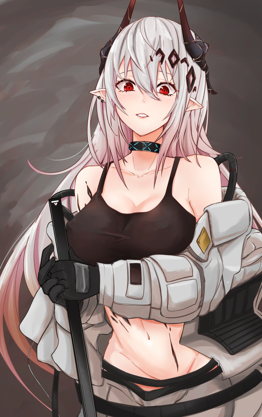 1girl aoe_(tiranporan) arknights bangs bare_shoulders black_gloves breasts brown_background cleavage collar collarbone cowboy_shot ear_piercing eyebrows_behind_hair gloves gradient gradient_background groin hair_between_eyes hair_ornament highres holding horns infection_monitor_(arknights) large_breasts long_sleeves looking_at_viewer midriff mudrock_(arknights) navel no_panties off_shoulder open_clothes oripathy_lesion_(arknights) parted_lips piercing pointy_ears red_eyes solo sports_bra stomach