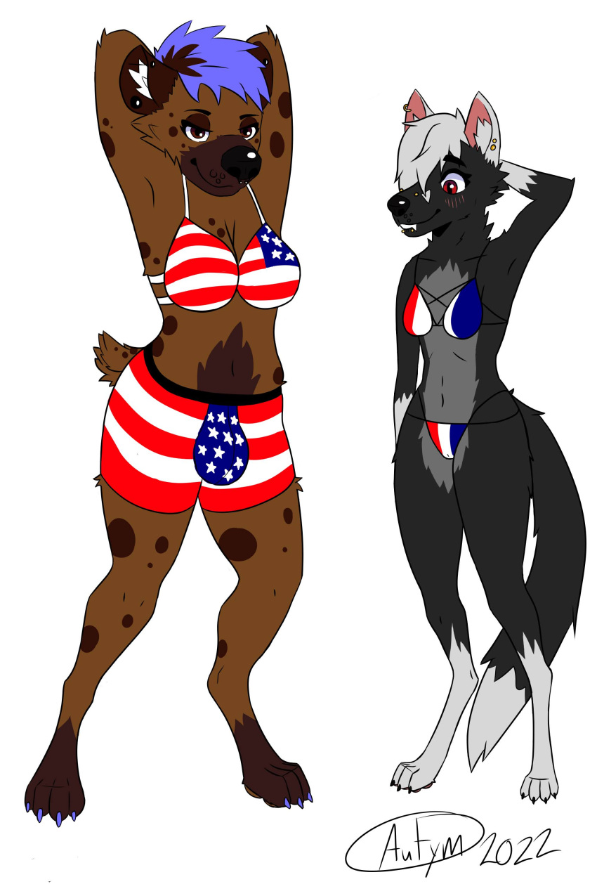 absurd_res anthro athletic autym bikini bite biting_lip blue_hair blush boxer_briefs bra breasts brown_eyes bulge canid canine chubby_gynomorph clothing colored_nails dipstick_ears dipstick_tail duo ear_piercing facial_piercing female flag fox france furgonomics furry-specific_piercing grey_hair gynomorph hair hi_res hyaenid inner_ear_fluff intersex intersex/female kiera_kass leg_markings looking_at_another looking_at_viewer mammal markings multicolored_ears muzzle_piercing nails nose_piercing painted_claws panties paws piercing pose red_eyes ruby_mordeaux short_hair short_tail silver_hair size_difference slightly_chubby small_breasts smaller_female socks_(marking) spots swimwear tail tail_markings thick_thighs tuft underwear united_states_of_america