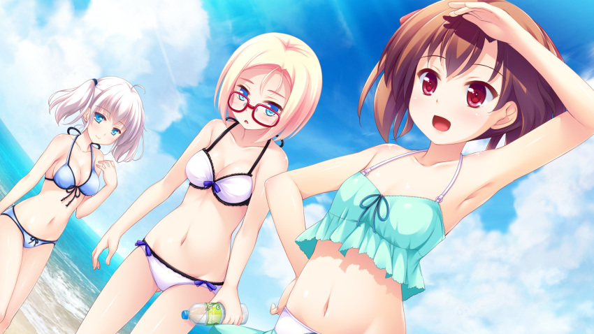 3girls ahoge armpits ass_visible_through_thighs bangs beach bikini black_ribbon blonde_hair blue_bikini blue_eyes blue_sky bottle breasts brown_hair cleavage cloud collarbone day dutch_angle eyebrows_visible_through_hair front-tie_bikini front-tie_top game_cg glasses hair_ribbon halterneck hand_on_hip highres holding holding_bottle iris_reinfeldt kagurazaka_mei ko~cha long_hair medium_breasts multiple_girls navel ocean outdoors red-framed_eyewear red_eyes red_ribbon ribbon short_hair silver_hair sky small_breasts summer sunlight swimsuit tatyana_m_pavlova thigh_gap twintails water_bottle white_bikini wizards_complex