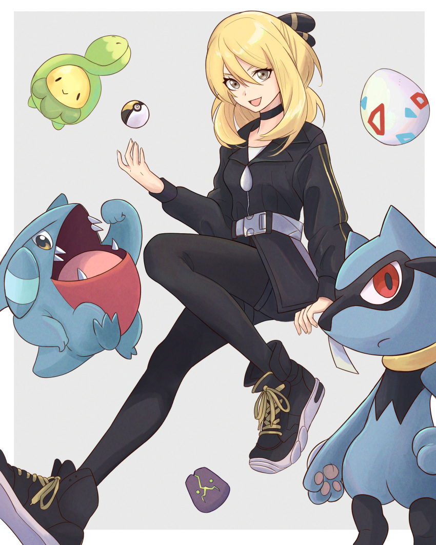 1girl :d absurdres belt black_choker black_jacket black_legwear blonde_hair border budew choker cynthia_(pokemon) egg full_body gible grey_eyes hair_ornament highres jacket leggings legwear_under_shorts long_hair looking_at_viewer pokemon pokemon_(game) pokemon_dppt pokemon_egg riolu shoelaces shoes shorts smile sneakers spiritomb tied_hair truejekart white_border younger