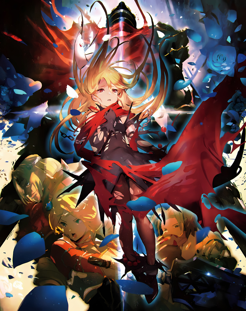 absurdres ainz_ooal_gown black_gloves blonde_hair blue_flower blue_rose chain dress evileye_(overlord) flower gagaran gloves highres hood lakyus_alvein_dale_aindra long_hair overlord_(maruyama) petals red_eyes resized rose so-bin tia_(overlord) tina_(overlord) vampire