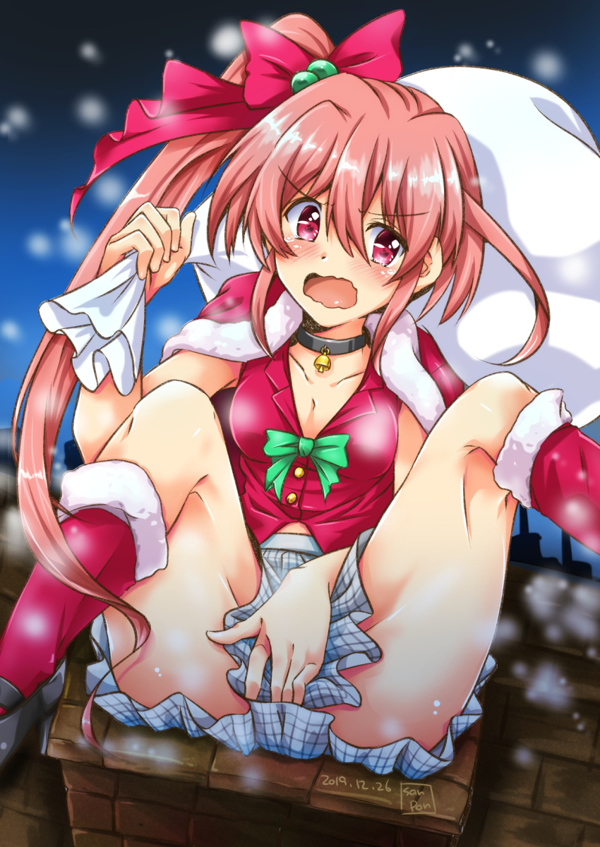 1girl artist_name bangs bell black_choker blouse blush boots bow capelet chimney choker christmas commentary_request covering covering_crotch dated eyebrows_visible_through_hair from_above frown fur-trimmed_capelet fur_trim hair_bow highres holding holding_sack iris_(nanoha) legs_up long_hair looking_at_viewer lying lyrical_nanoha mahou_shoujo_lyrical_nanoha_reflection miniskirt neck_bell night on_back open_mouth outdoors over_shoulder partial_commentary pink_hair plaid plaid_skirt pleated_skirt red_blouse red_bow red_capelet red_footwear sack san-pon santa_boots side_ponytail signature skirt sleeveless_blouse snowing solo white_skirt