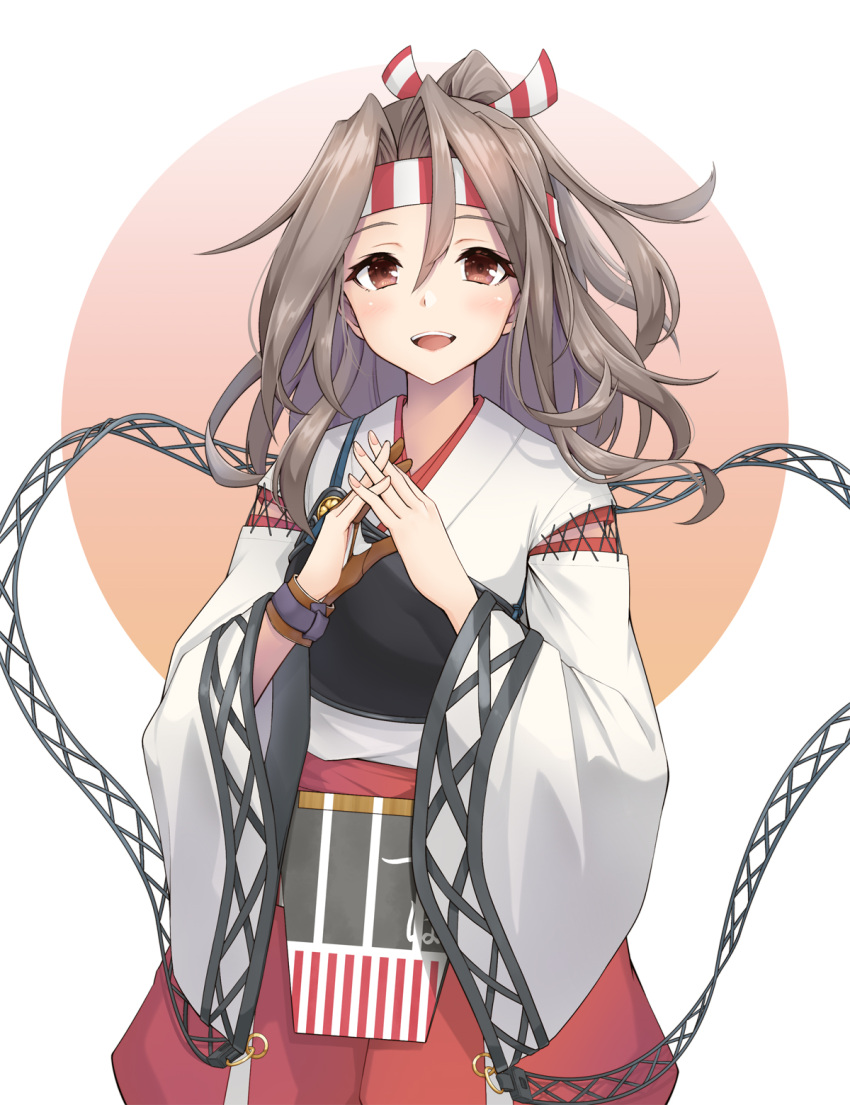 brown_eyes brown_gloves gloves hachimaki hair_between_eyes hakama hakama_shorts headband high_ponytail highres japanese_clothes kantai_collection kodama_(mmt_uf) light_brown_hair long_hair muneate partially_fingerless_gloves red_hakama remodel_(kantai_collection) shorts single_glove wide_sleeves zuihou_(kancolle)