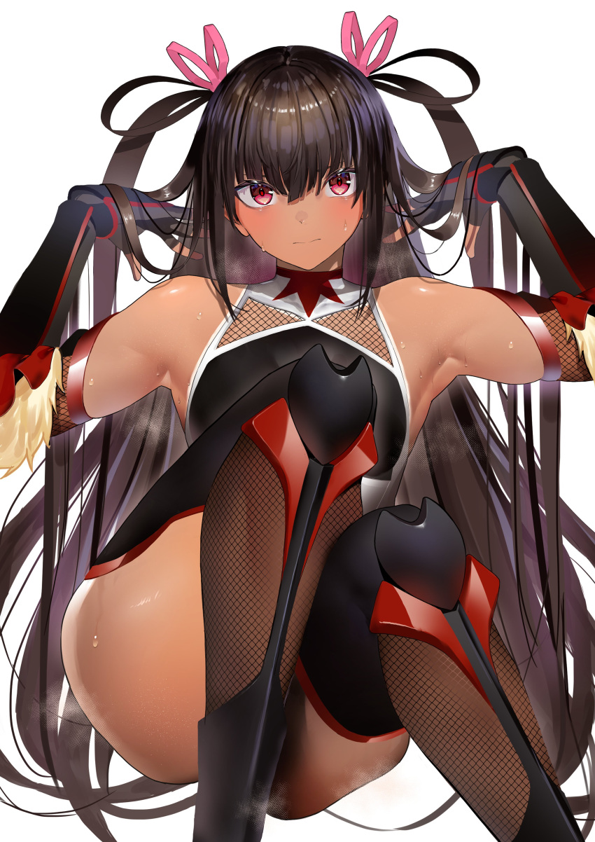 1girl absurdres black_gloves black_hair covered_collarbone dark_skin elbow_gloves fingerless_gloves fishnet_gloves fishnet_legwear fishnets fur_trim gloves hair_between_eyes hair_ribbon hair_rings highres jikatarou leotard long_hair looking_at_viewer mizuki_yukikaze pink_ribbon red_eyes ribbon simple_background sitting steaming_body sweat taimanin_(series) taimanin_yukikaze thighhighs white_background