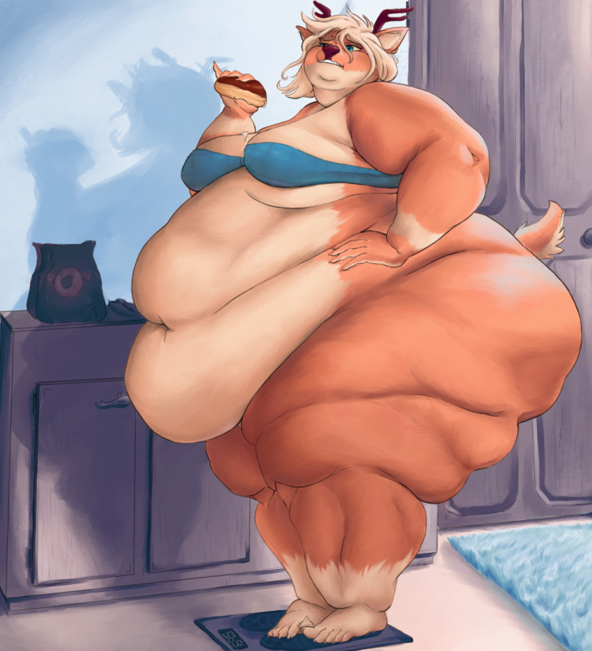 anthro belly big_belly big_butt bra butt cervid clothing eating eating_food eclair fat_arms female hi_res horn huge_butt inksplot inside mammal obese obese_anthro obese_female overweight overweight_anthro overweight_female solo standing thick_thighs underwear weighing_scale
