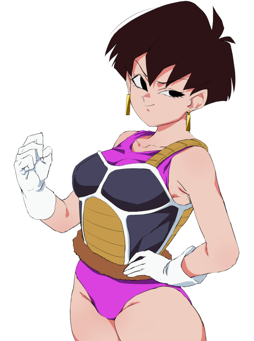 1girl bare_shoulders black_eyes black_hair closed_mouth cowboy_shot dragon_ball dragon_ball_z earrings gloves half-closed_eye hand_on_hip highres jewelry monkey_tail rom_(20) saiyan_armor seripa short_hair smile smug solo tail white_gloves