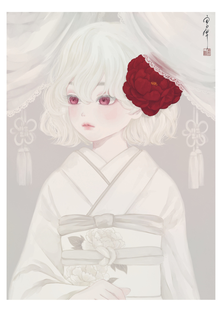 1girl absurdres albino bangs bob_cut border bride commentary_request curtains eyelashes facing_viewer floral_print flower hair_between_eyes hair_flower hair_ornament highres japanese_clothes kimono lace_trim limited_palette long_sleeves looking_to_the_side obi obiage obijime original pale_skin parted_lips print_sash red_eyes red_flower sash seal_impression shiromuku short_hair signature solo spot_color standing tassel uchikake upper_body ushiyama_ame wavy_hair white_border white_curtains white_flower white_hair white_kimono white_sash white_theme