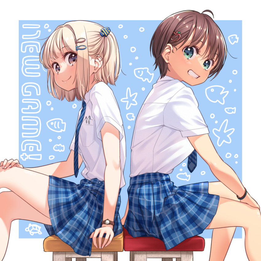 2girls ahoge air_bubble animal_hair_ornament apple_hair_ornament aqua_eyes arm_support back-to-back backlighting bangs blonde_hair blue_background blue_necktie blue_skirt blunt_bangs blush bob_cut border breast_pocket brown_eyes brown_hair bubble bubble_background c: closed_mouth collared_shirt copyright_name crossed_legs dark-skinned_female dark_skin diagonal_stripes dot_nose dress_shirt eyebrows_visible_through_hair feet_out_of_frame fish_hair_ornament food-themed_hair_ornament from_side grin hair_behind_ear hair_between_eyes hair_intakes hair_ornament hairclip hand_on_own_knee high-waist_skirt iijima_yun looking_at_viewer looking_to_the_side miniskirt multiple_girls necktie new_game! official_art on_stool one_side_up outside_border parted_lips plaid plaid_skirt pleated_skirt pocket school_uniform shade shinoda_hajime shiny shiny_hair shirt shirt_tucked_in short_hair short_sleeves sitting skirt smile split_mouth stool striped striped_necktie tareme tented_shirt tokunou_shoutarou watch white_border white_shirt wing_collar wristband wristwatch