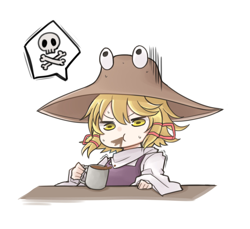 1girl absurdres bangs blonde_hair blush bone brown_headwear closed_mouth coffee cup dress drink drinking eyebrows_visible_through_hair hair_between_eyes hair_ornament hand_up hat highres long_sleeves looking_away moriya_suwako purple_dress pyonta shiki_karin shirt short_hair sitting skull solo table touhou white_shirt wide_sleeves yellow_eyes