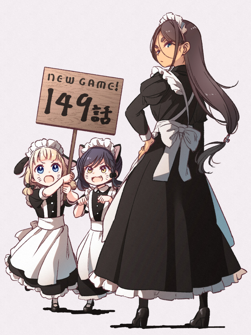 3girls :/ :3 ahagon_umiko animal_ears apron aqua_eyes arm_at_side arm_up asymmetrical_hair back_bow backlighting bangs black_bow black_dress black_footwear black_hair black_legwear blonde_hair blue_eyes blunt_bangs blunt_ends bow braid brown_hair cat_ears clenched_hands closed_mouth copyright_name d: dark-skinned_female dark_skin dog_ears dot_nose dress eyebrows_visible_through_hair facepaint facial_mark fake_animal_ears fang floating_hair floppy_ears french_braid frilled_apron frilled_hairband frills from_behind from_side full_body furrowed_brow grey_background hair_behind_ear hair_between_eyes hair_bow hairband hand_on_hip hand_up hands_up high_heels highres holding holding_sign juliet_sleeves leg_up legs_apart long_dress long_hair long_sleeves looking_at_viewer looking_back low-tied_long_hair low_twintails maid maid_apron maid_headdress mary_janes multiple_girls narumi_tsubame new_game! official_art open_mouth paw_pose petticoat placard pleated_dress puffy_short_sleeves puffy_sleeves pumps running sakura_nene shoes short_eyebrows short_sleeves side_braid side_ponytail sign simple_background single_braid sleeve_cuffs smile standing suspenders swept_bangs tareme thick_eyebrows tokunou_shoutarou tsurime twintails v-shaped_eyebrows very_long_hair waist_apron whisker_markings white_apron white_bow white_hairband white_legwear yellow_eyes