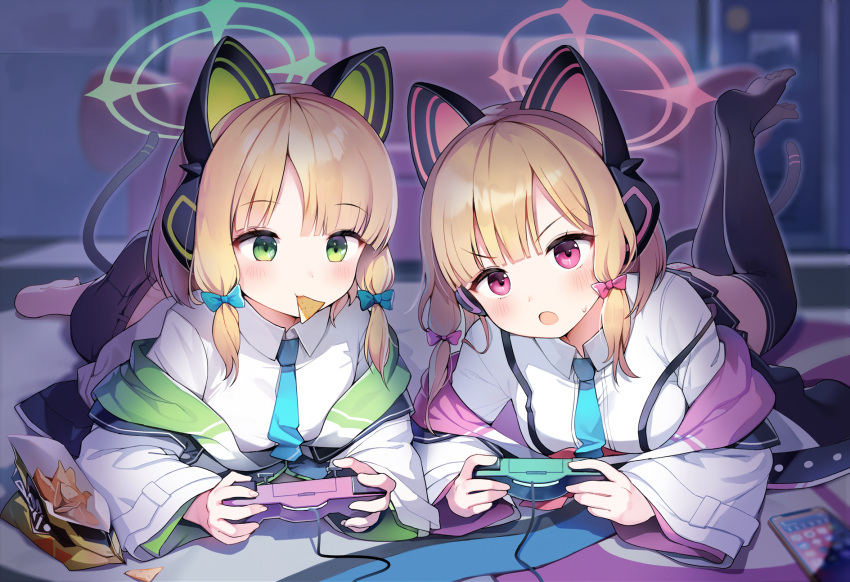 2girls :o aqua_bow aqua_necktie bangs barefoot black_legwear blonde_hair blue_archive blurry blurry_background blush bow breasts cat_ear_headphones cat_tail cellphone commentary controller couch eating eyebrows_visible_through_hair food green_eyes hair_bow halo headphones highres holding holding_controller jacket jehyun long_sleeves looking_at_viewer lying medium_breasts medium_hair midori_(blue_archive) momoi_(blue_archive) multiple_girls necktie no_shoes on_stomach open_mouth panties phone pink_bow playing_games pleated_skirt red_eyes school_uniform shirt shorts siblings skirt small_breasts smartphone sweatdrop tail thighhighs twins underwear white_shirt