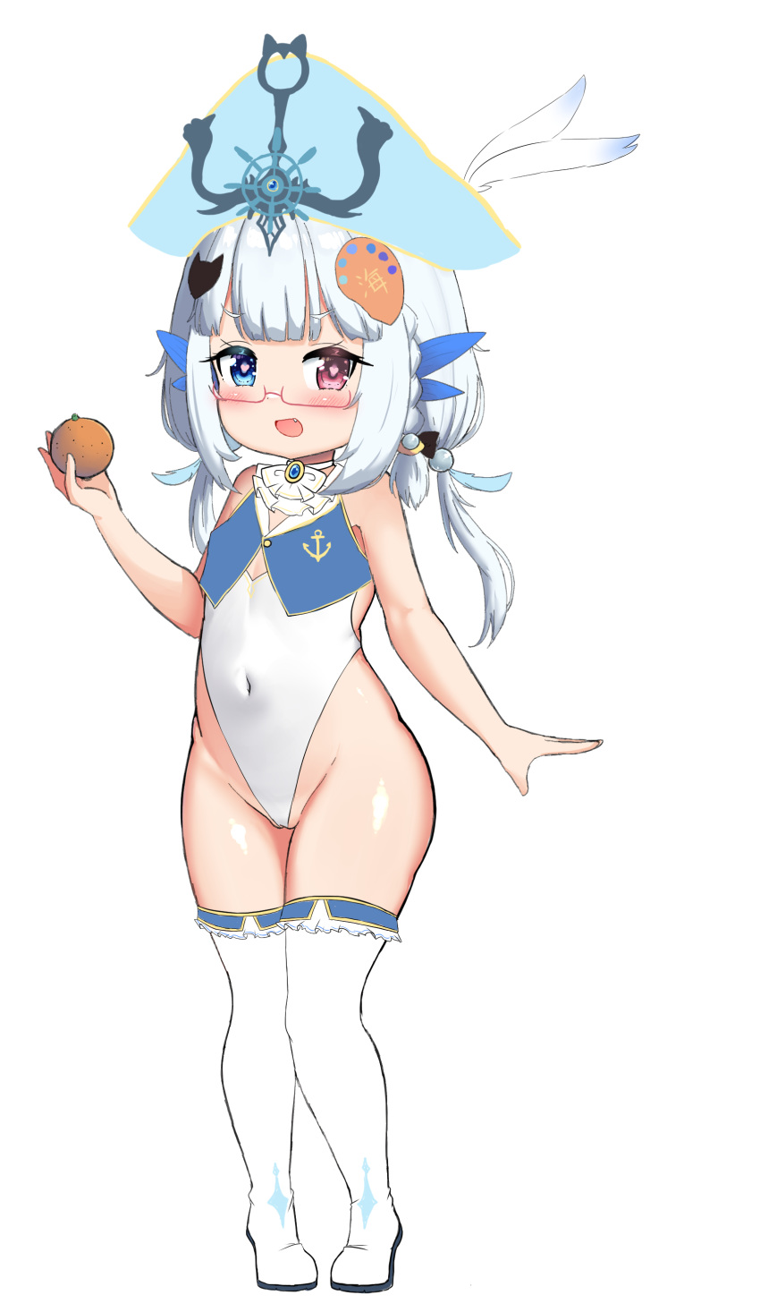 1girl :d absurdres anchor_symbol bailingxiao_jiu bangs bare_arms bare_shoulders blue_eyes blue_headwear blush boots covered_navel eyebrows_visible_through_hair fang food fruit full_body glasses groin hair_ornament hat hat_feather heart heart-shaped_pupils heterochromia highres holding holding_food leotard long_hair looking_at_viewer low_twintails mandarin_orange original pirate_hat red-framed_eyewear red_eyes semi-rimless_eyewear silver_hair simple_background smile solo standing symbol-shaped_pupils thigh_boots thighhighs twintails under-rim_eyewear white_background white_feathers white_footwear white_legwear white_leotard