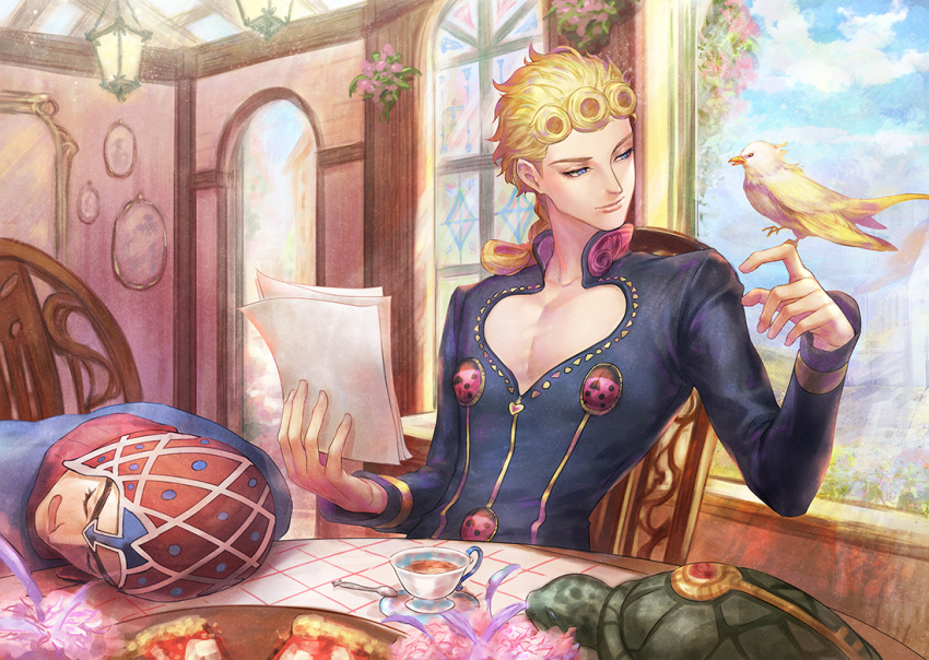 2boys bird bird_on_hand blonde_hair braid coco_jumbo cup giorno_giovanna guido_mista hat head_on_table holding holding_paper jojo_no_kimyou_na_bouken kankito male_focus multiple_boys paper sky sleeping smile teacup turtle vento_aureo window