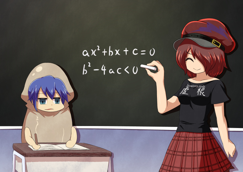 2girls bangs black_shirt blue_eyes blue_hair chalk chalkboard closed_eyes closed_mouth commentary_request cookie_(touhou) cowboy_shot desk equation hecatia_lapislazuli highres holding holding_pencil ktgijgkgdusimn_(cookie) math multiple_girls open_mouth pencil plaid plaid_skirt red_hair red_headwear red_skirt shirt short_hair skirt smile squid_costume suyarou touhou yorigami_shion zerukalo_(cookie)