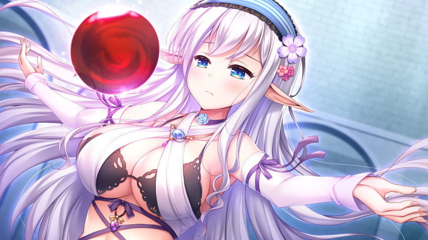 1girl bangs black_bra blue_eyes blue_headband blurry blurry_background blush bra breasts choker cleavage closed_mouth collarbone criss-cross_halter detached_sleeves floating_hair flower frilled_headband frown game_cg hair_flower hair_ornament halterneck headband highres juliet_gilbert ko~cha large_breasts long_hair long_sleeves outstretched_arms pointy_ears purple_choker purple_ribbon ribbon sideboob silver_hair solo striped_headband underboob underwear upper_body very_long_hair white_flower white_sleeves yuukyuu_no_campanella