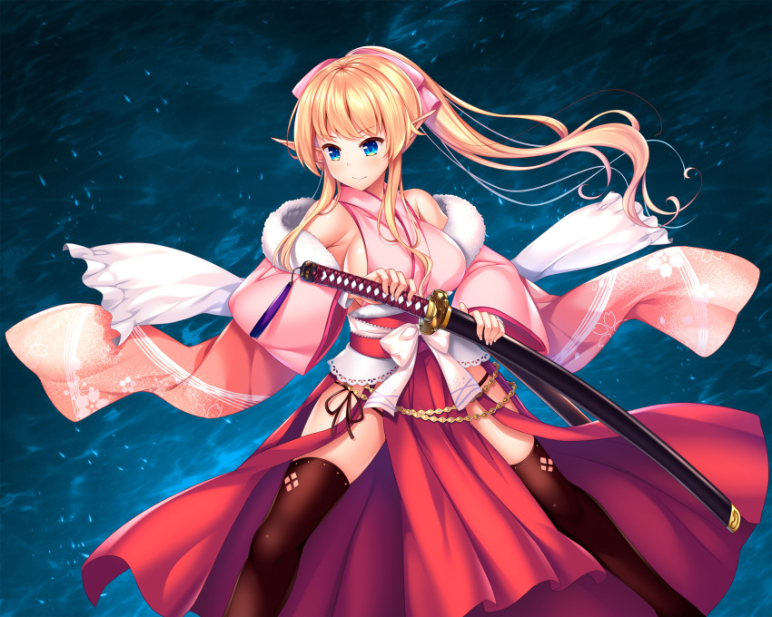 1girl angelique_gilbert bangs black_legwear black_ribbon blonde_hair blue_eyes bow breasts closed_mouth detached_sleeves floating_hair game_cg hair_bow hakama highres holding holding_sheath holding_sword holding_weapon japanese_clothes katana kimono ko~cha large_breasts long_hair long_sleeves pink_bow pink_kimono pink_sleeves pointy_ears ponytail red_hakama ribbon sash sheath shiny shiny_hair side_slit sideboob sleeveless sleeveless_kimono smile solo standing sword thighhighs very_long_hair weapon wide_sleeves yuukyuu_no_campanella