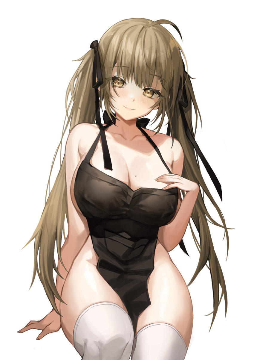 1girl absurdres apron bangs bare_shoulders black_apron blush breasts brown_eyes brown_hair chungu cleavage collarbone highres large_breasts long_hair looking_at_viewer naked_apron original sideboob smile solo thighhighs thighs twintails white_legwear