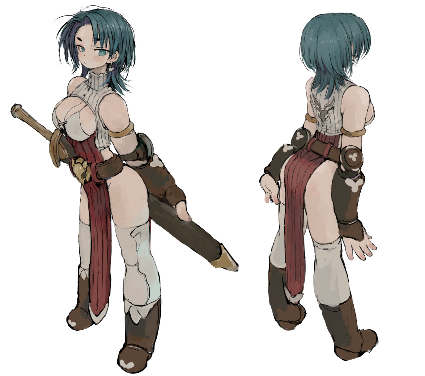 1girl bare_shoulders blue_eyes blue_hair boots breasts brown_footwear brown_gloves cleavage_cutout closed_mouth clothing_cutout commentary_request earrings ebimomo elbow_gloves fingerless_gloves full_body gloves highres holding holding_sword holding_weapon jewelry large_breasts medium_hair multiple_views pelvic_curtain riula_(stones_of_dragon) scabbard sheath sheathed simple_background single_earring standing stones_of_dragon sword thighhighs weapon white_background white_legwear