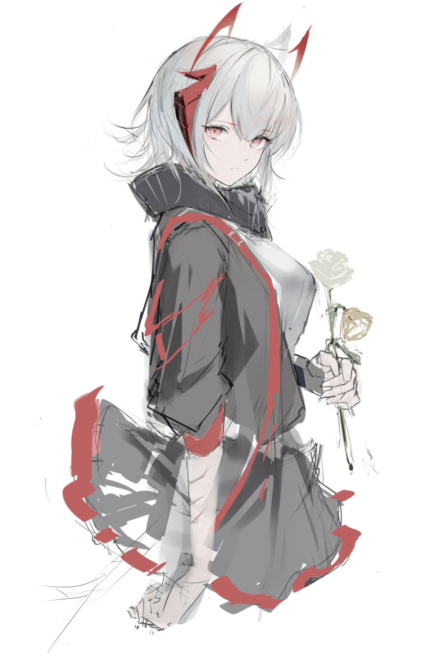 1girl antenna_hair arknights black_jacket black_scarf black_skirt breasts closed_mouth drmaho1 eyebrows_visible_through_hair flower from_side grey_shirt highres holding holding_flower horns jacket large_breasts long_sleeves looking_at_viewer looking_to_the_side miniskirt multicolored_hair open_clothes open_jacket red_eyes red_hair rose scarf shirt short_hair silver_hair simple_background sketch skirt solo two-tone_hair w_(arknights) white_background yellow_flower yellow_rose