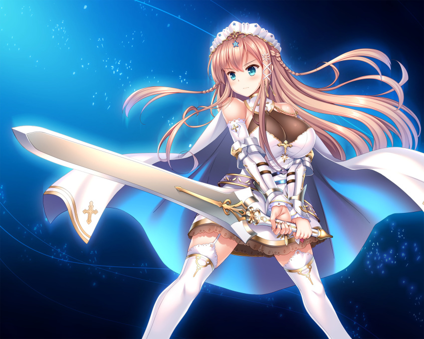 1girl bangs blonde_hair blue_background blue_eyes blush braid breasts cape claudis_de_atrustia closed_mouth detached_sleeves dress eyebrows_visible_through_hair floating_hair game_cg garter_straps hair_ornament highres holding holding_sword holding_weapon ko~cha large_breasts long_hair long_sleeves shiny shiny_hair short_dress sleeveless sleeveless_dress solo standing sweatdrop sword thighhighs twin_braids very_long_hair weapon white_cape white_dress white_legwear white_sleeves x_hair_ornament yuukyuu_no_campanella zettai_ryouiki